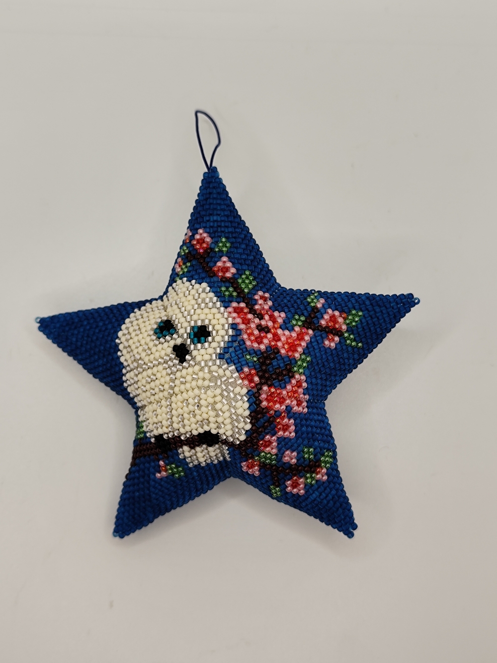 Handcrafted Beaded Blue Star Owl Holiday Ornament
